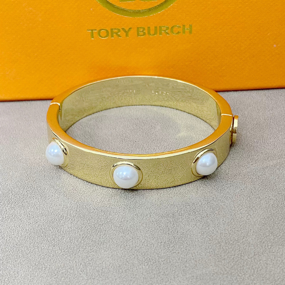 Tory Burch Pearl Inlaid Letter Metal Bracelet